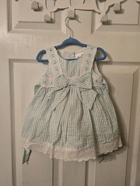 Rare Editions Mint Green and White Striped Bow Dress